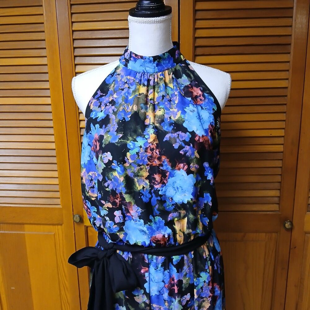 New York & Company Womens Blue Watercolor Sleeveless Halter Maxi Dress Medium - Picture 3 of 11